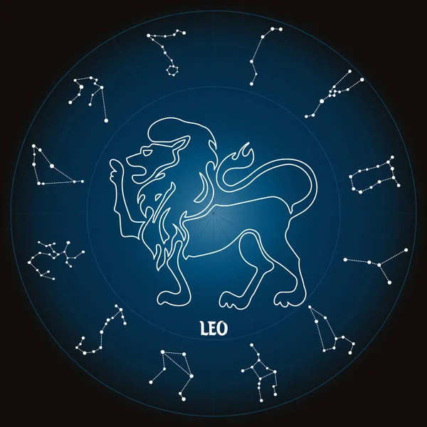 Segno Zodiacale Leone Cerchio Astrologico Con Costellazioni Zodiacali Oroscopo Disegno — Vettoriale Stock