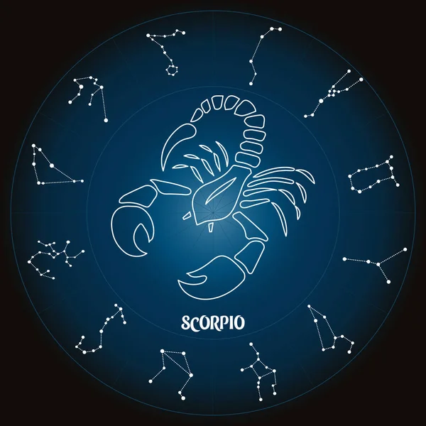 Zodiákus Jel Skorpió Asztrológiai Körben Állatöv Csillagképekkel Horoszkóppal Kék Fehér — Stock Vector