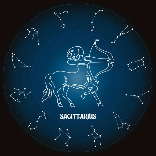 Zodiákus Jel Nyilas Asztrológiai Kör Állatöv Csillagképek Horoszkóp Kék Fehér — Stock Vector