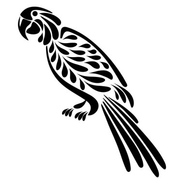 El çizimi tropik papağan, süslemeli siyah siluet. Şablon, dövme, illüstrasyon, vektör