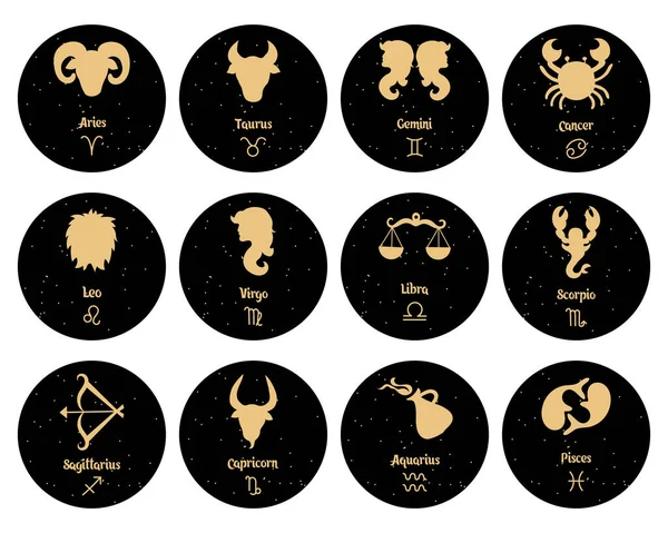 Conjunto Signos Del Zodiaco Signos Oro Sobre Fondo Redondo Negro — Vector de stock