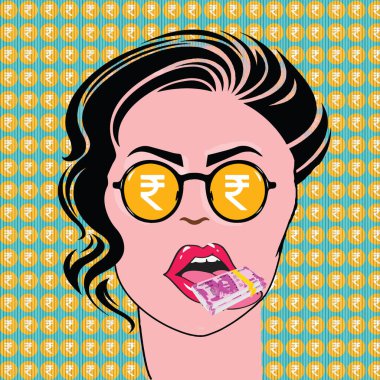 Gözlüklü, popüler sanat retro tarzı iş kadınlarının mali denetimi. Ağzı açık, seksi, şaşkın kadın. Para birimi kadın dili. Renkli arkaplan. 