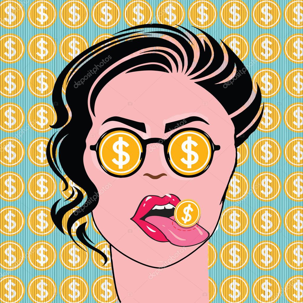 Financial monitoring of currency dollar businesswoman in glasses pop art retro style. Sexy surprised woman with open mouth. currency dollar female tongue mouth. Colorful  background.