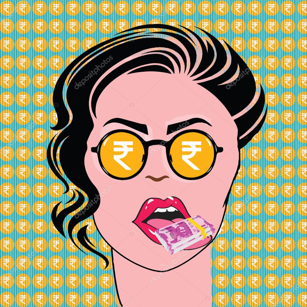 Financial monitoring of currency dollar businesswoman in glasses pop art retro style. Sexy surprised woman with open mouth. currency dollar female tongue mouth. Colorful  background.