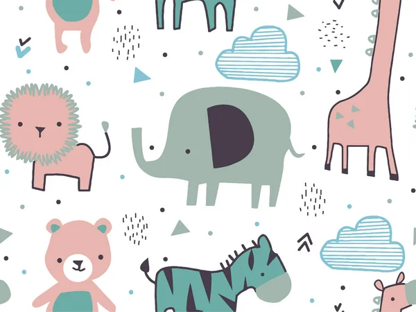 Baby Animals Hand Draw Illustration Seamless Pattern Animals Clouds Kids — Stok fotoğraf
