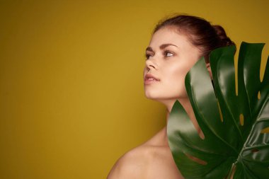 Güzel kadın palmiye yaprağı çıplak omuzlar spa tedavisi