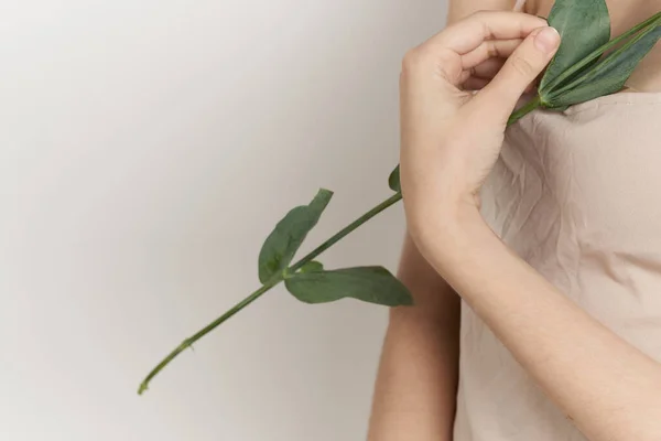 Glad kvinna blommor i händerna poserar charm isolerad bakgrund — Stockfoto