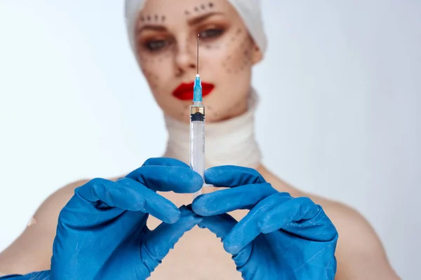 Portrait of a woman Red lips plastic surgery operation bare shoulders studio lifestyle — Stock Photo, Image