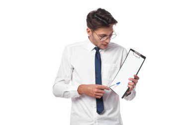 Ofis duyguları olan beyaz gömlekli işadamları izole edilmiş bir arka plan.