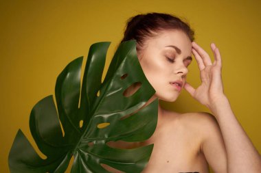 Çekici kadın palmiye yaprağı çıplak omuz spa tedavileri