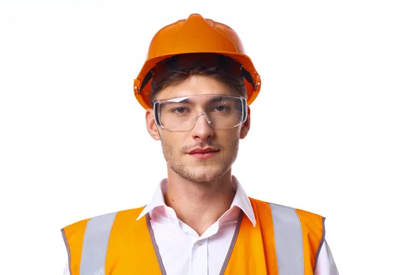 Inżynier pomarańczowy mundur ochronny dokumenty profesjonalna praca — Zdjęcie stockowe