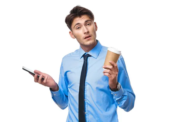 Man in shirt with tie communication on the phone a cup of coffee official — Stock Photo, Image