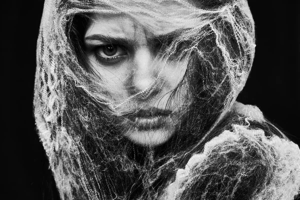 Woman close-up in halloween costume spider web emotions — Stock Photo, Image