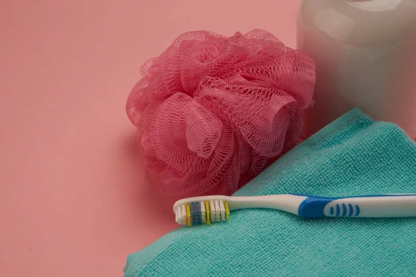 Soap washcloth towel bath accessories body care hygiene — Stock Photo, Image