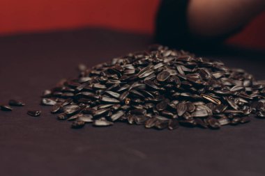 Doğal ürün ayçiçeği tohumları yakın plan yiyecek dağıtıyor.