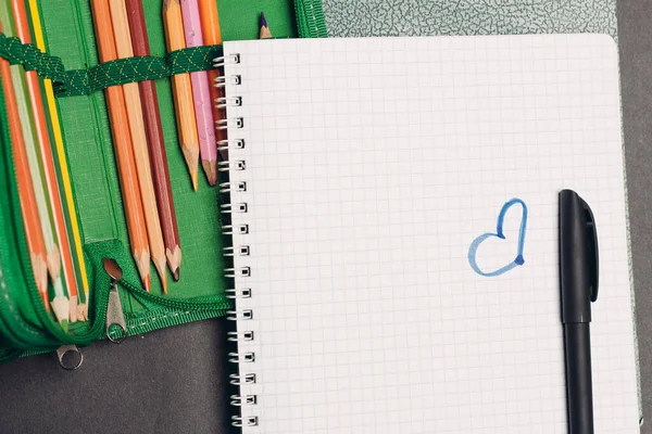 Zöld ceruza tok ceruzával design tárgy iskolai kellékek — Stock Fotó
