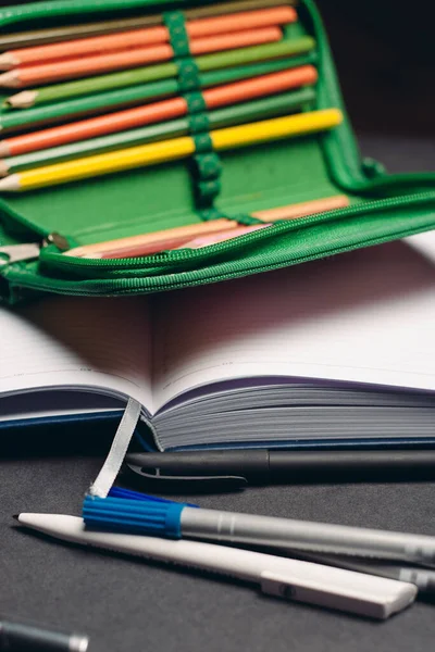 Caso lápis verde com lápis objeto de design material escolar — Fotografia de Stock