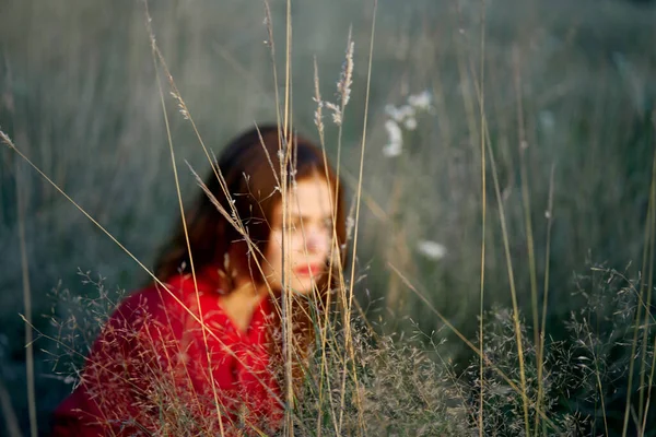 Donna nel campo si trova sull'erba in un abito rosso in posa — Foto Stock