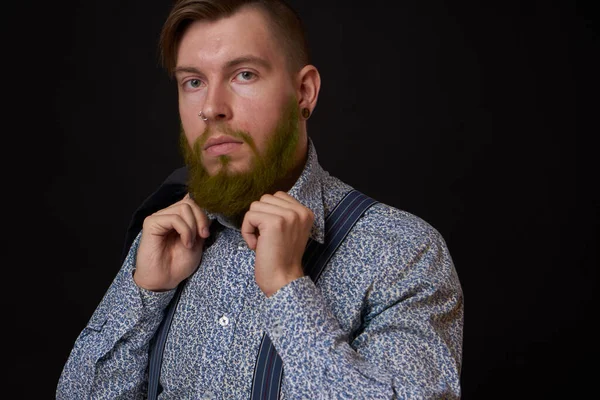 Bearded man elegant style shirt dark background — Stock Photo, Image