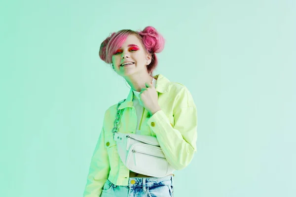 Cheerful woman with bright makeup pink hair Glamor posing fun — Stock Photo, Image