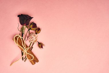 Çiçek dekorasyonu tarçın pembe arkaplan üstü görünümü