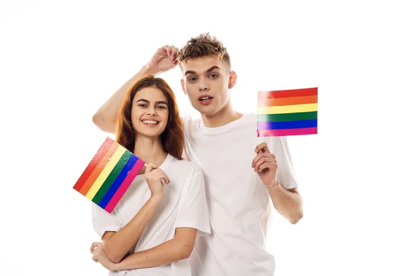 Pareja bandera lgbt transexual sexual minorías luz fondo — Foto de Stock