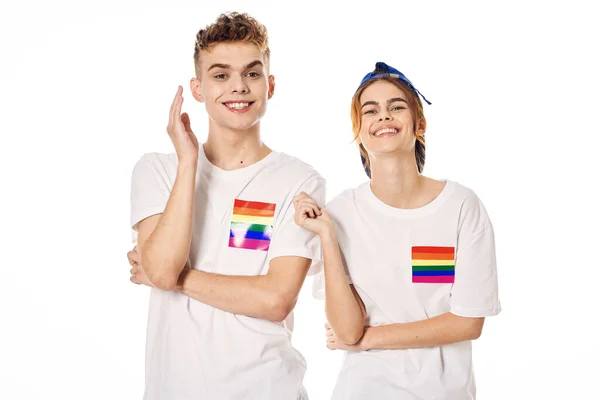 Fiatal pár lgbt közösség zászló transznemű életmód — Stock Fotó