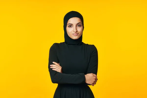 Arab woman fun ethnic model posing emotions yellow background — 图库照片