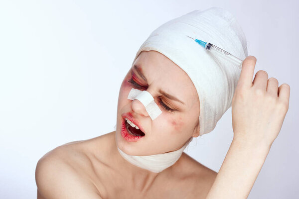 woman bruised face medicine treatment injury isolated background