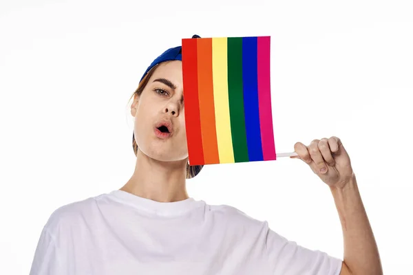 Woman wearing white t-shirt lgbt flag inventor community — Stock Photo, Image