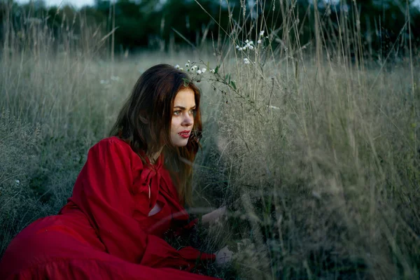 赤いドレスの女性が草の上に横たわっています自然自由の休息 — ストック写真