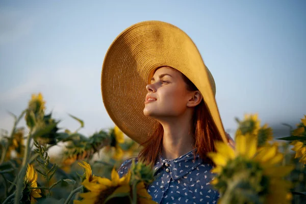 Ayçiçeği tarlasında şapkalı güzel bir kadın özgürlük doğası — Stok fotoğraf