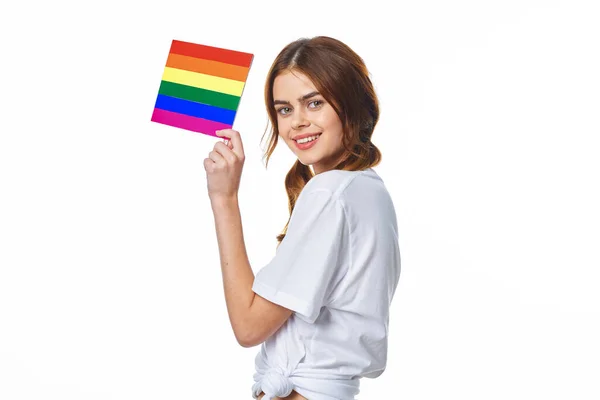 Woman with lgbt flag transgender community light background — Stock Photo, Image