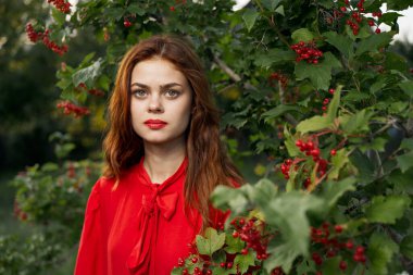 Kırmızı elbiseli güzel bir kadın yeşil yapraklı doğal yaz mevsimi.
