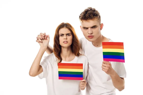 Pareja bandera lgbt transexual sexual minorías luz fondo —  Fotos de Stock