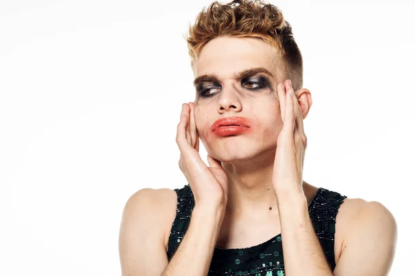 Férfi transznemű női smink divat pózol stúdió — Stock Fotó