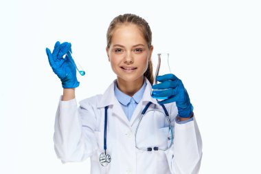 female doctor white coat research analyzes laboratory diagnostics clipart