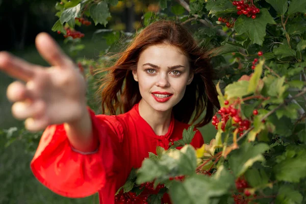 Vacker kvinna i röd skjorta buske natur frihet — Stockfoto
