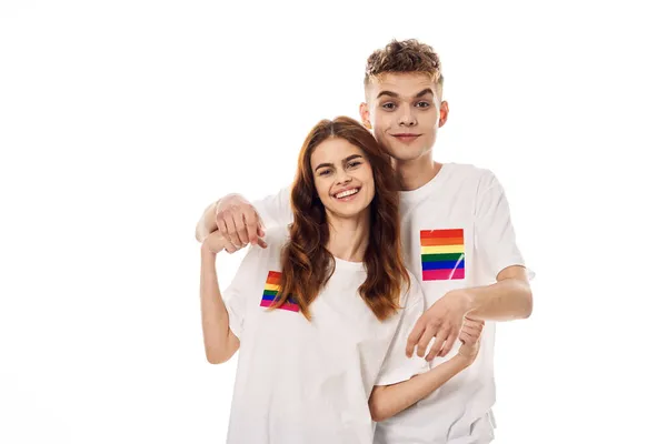 Jovem casal lgbt Bandeira transexual estilo de vida luz fundo — Fotografia de Stock