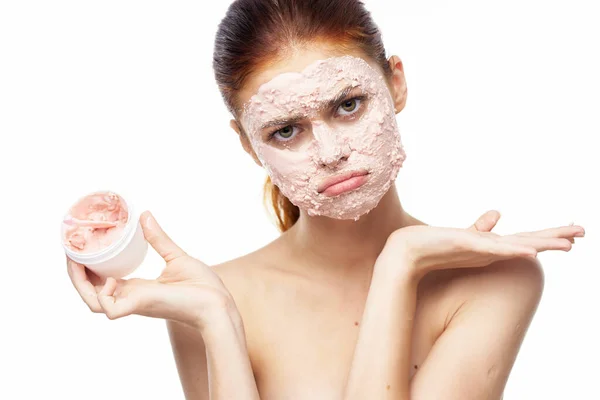 Emotional woman cream face mask bare shoulders health — Stock Photo, Image