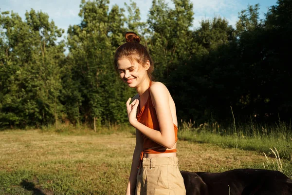 Donna allegra e un cane nella natura giochi amicizia — Foto Stock