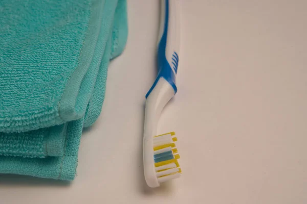 Bathroom items hygiene care toothbrush light background — Stock Photo, Image