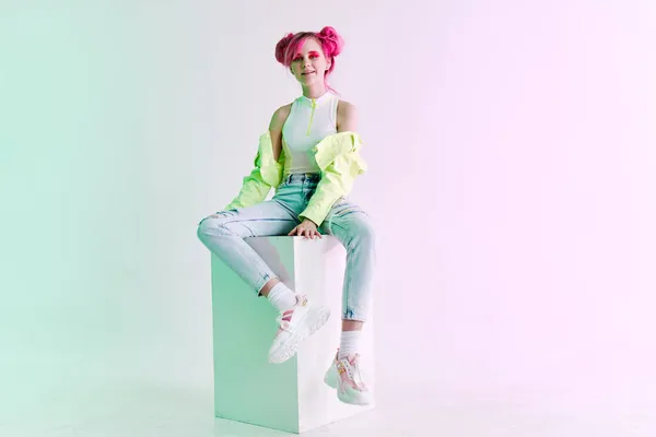 cheerful woman green jacket fashionable clothes studio model