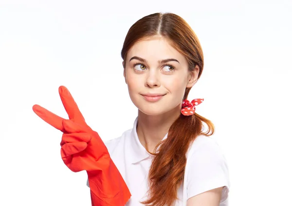 Cleaning lady wearing rubber gloves detergents housework — Stock Photo, Image