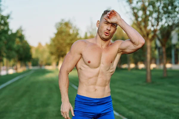 sporty man with pumped up body in park workout exercise