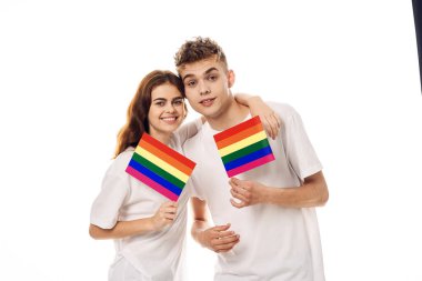 Genç çift lgbt Bayrak transseksüel yaşam tarzı hafif arka plan