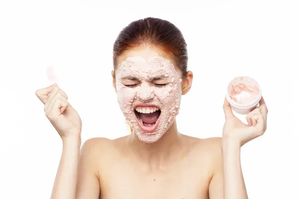 Wanita emosional wajah krim masker bahu telanjang kesehatan — Stok Foto