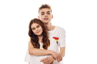 Genç çift lgbt Bayrak transseksüel topluluk ışığı arka planı