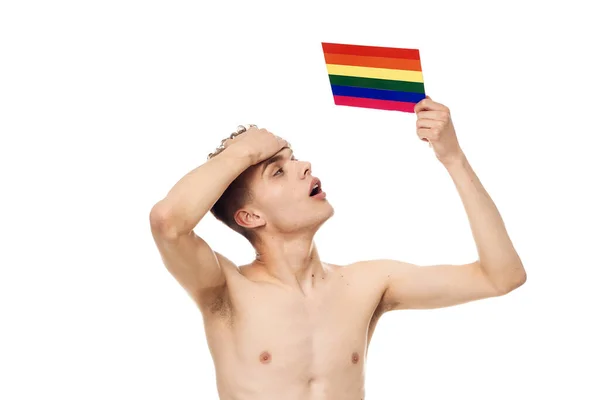 Mâle topless lgbt drapeau transsexuel lumière fond — Photo