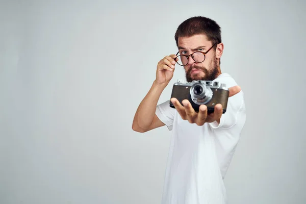 Male photographer with camera office object lifestyle — Stock Photo, Image